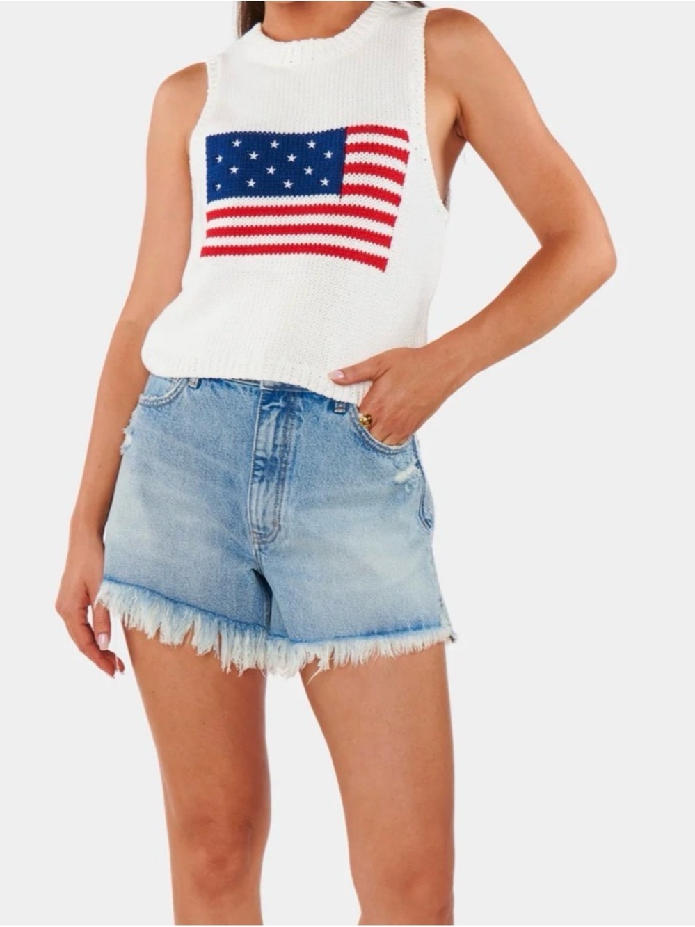 Show Me Your MuMu White Knit Tank with Red, White & Blue Flag Graphic Size Small